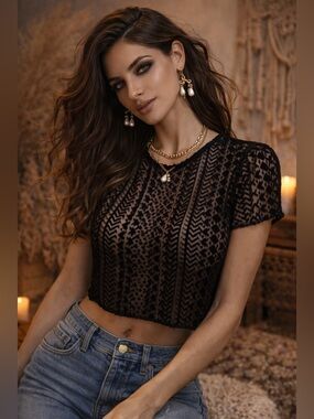 Reformation Black Sheer Mesh Velour Blouse M/L Crop Top Boho Luxe NWOT